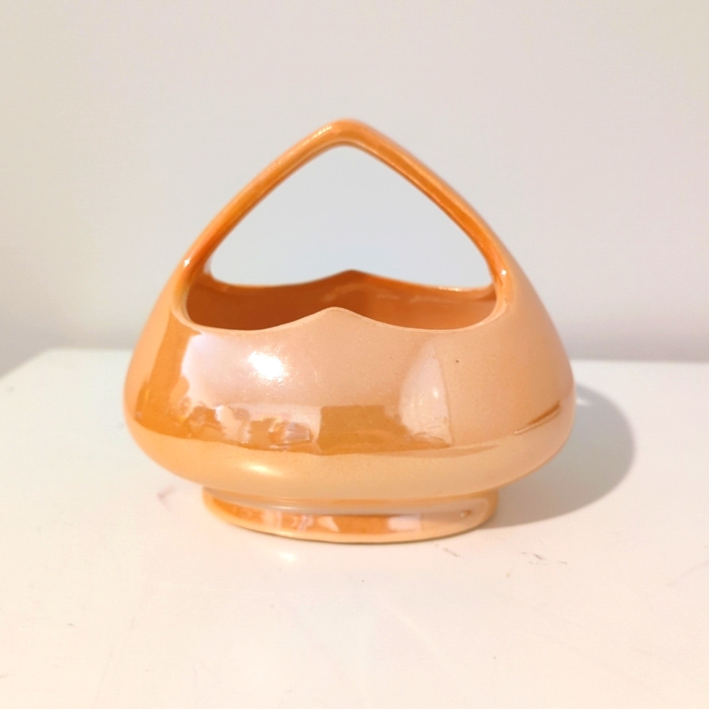 Vtg.Czech Lusterware Basket Bowl Czechoslovakia 4"H x 5"L Glossy Orange Stamped